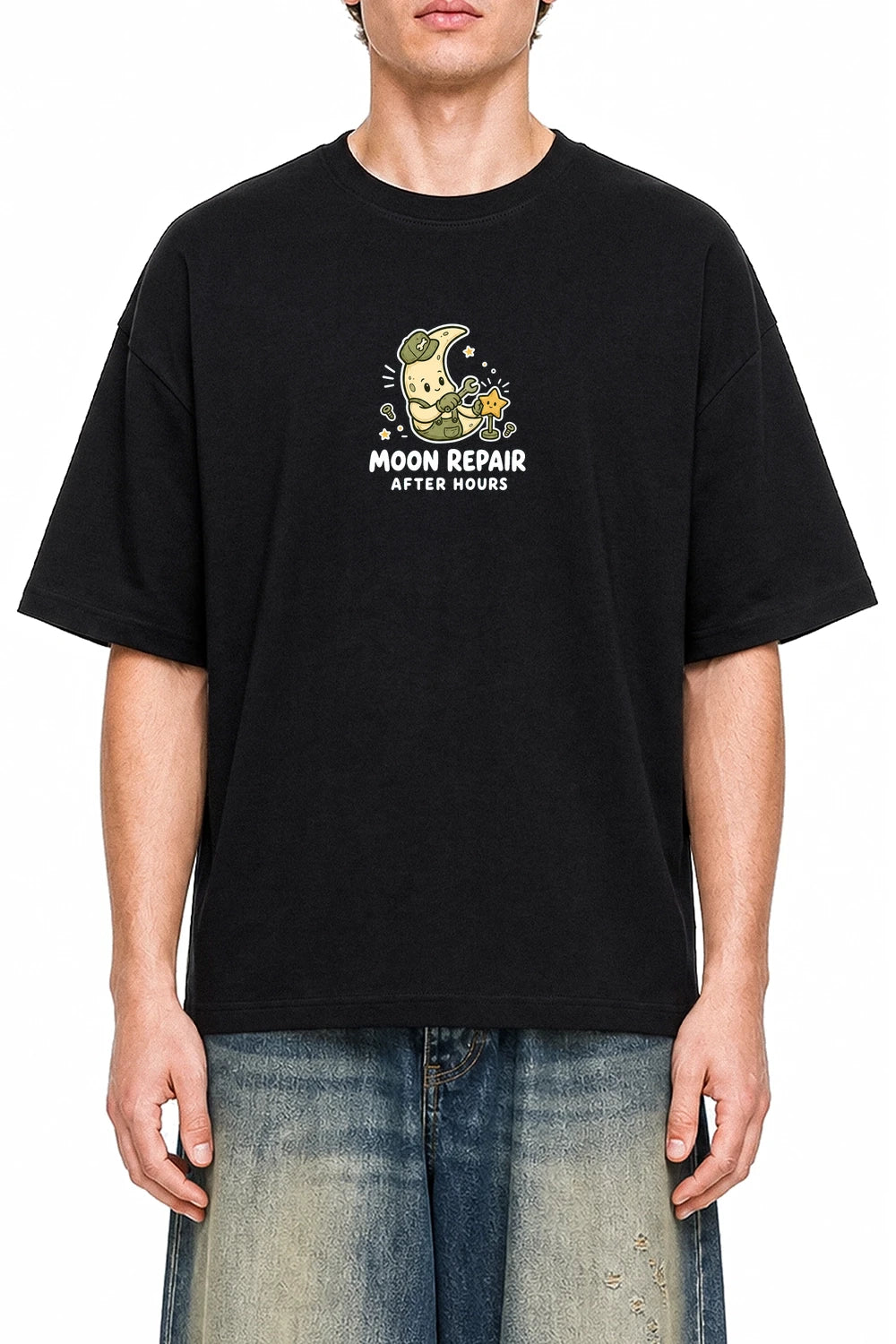 Moon Repair Black graphic T-shirt on model, front view
