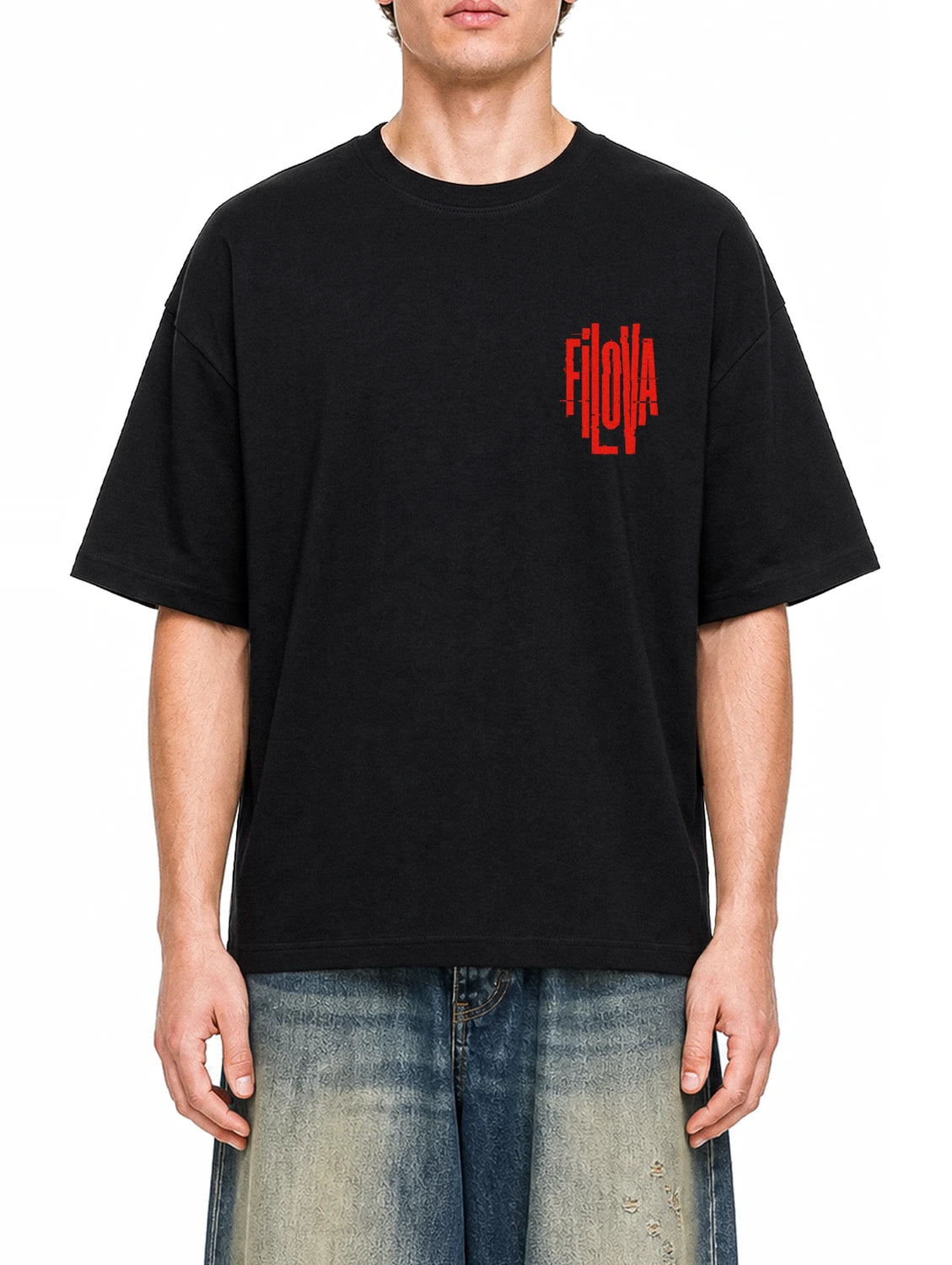 Filova Cyberpunk Red Black graphic T-shirt on model, front view