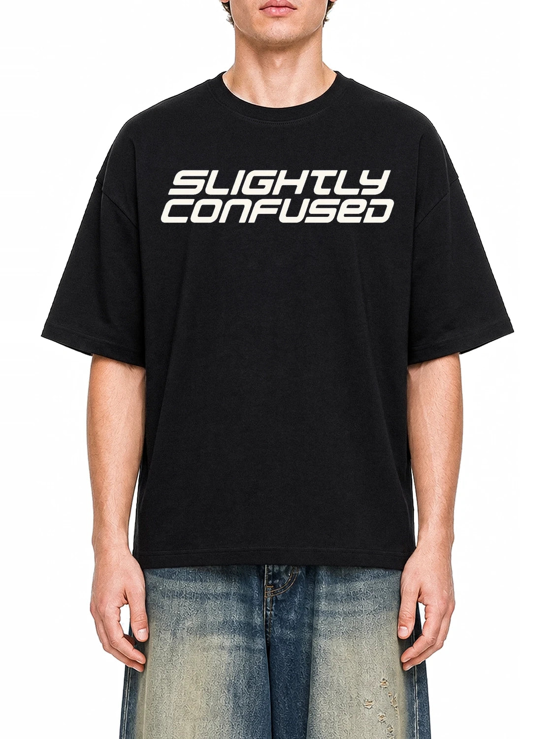 Slightly Confused Black graphic T-shirt on model, front view