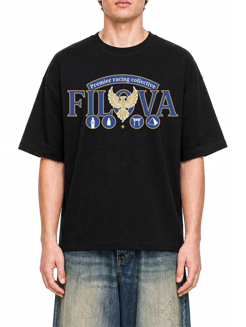 Premier Racing Collective Black graphic T-shirt on model, front view