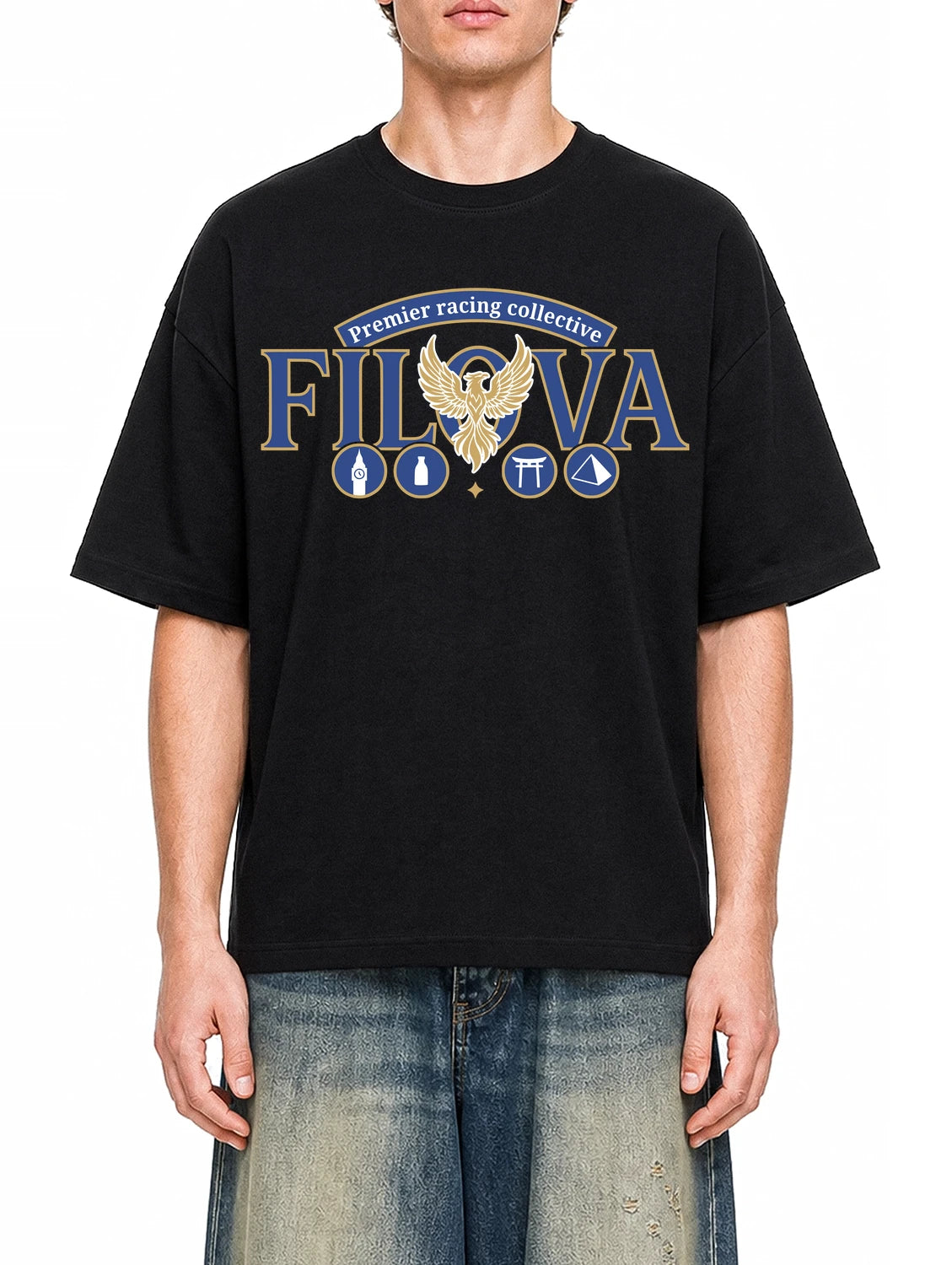 Premier Racing Collective Black graphic T-shirt on model, front view