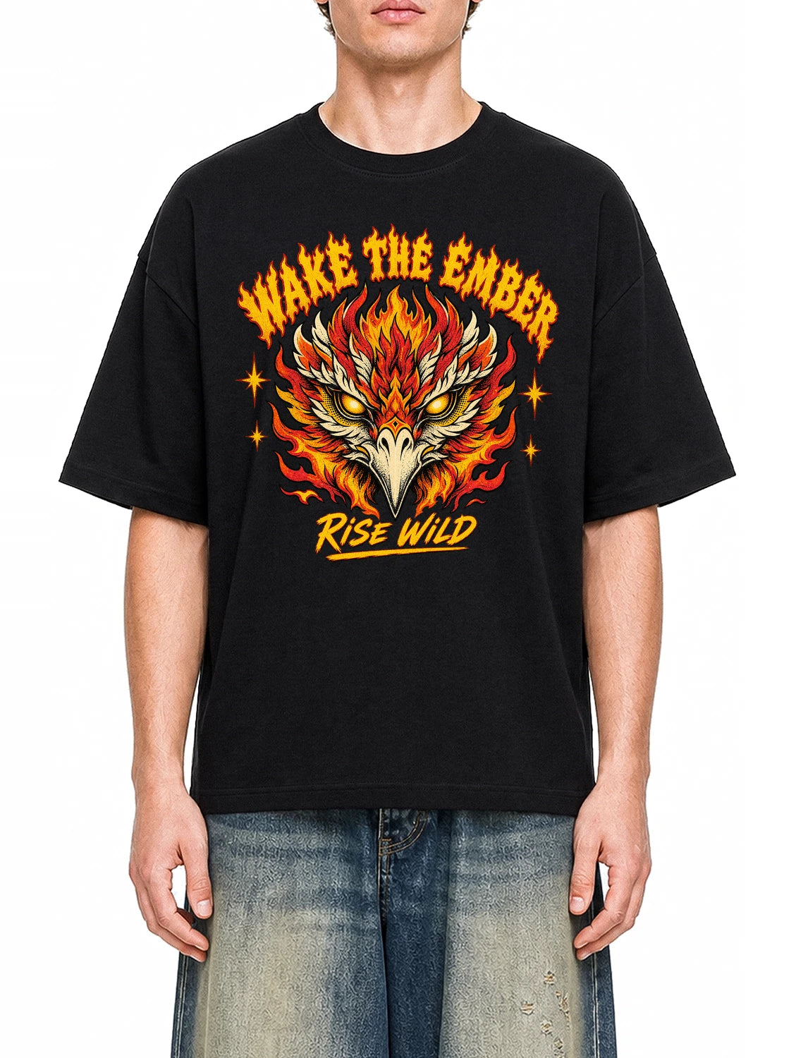 Wake The Ember Black graphic T-shirt on model, front view