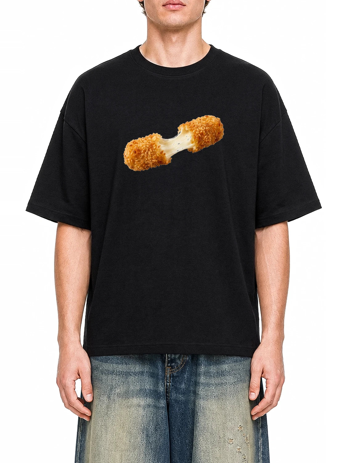 Fried Cheese Black graphic T-shirt on model, front view