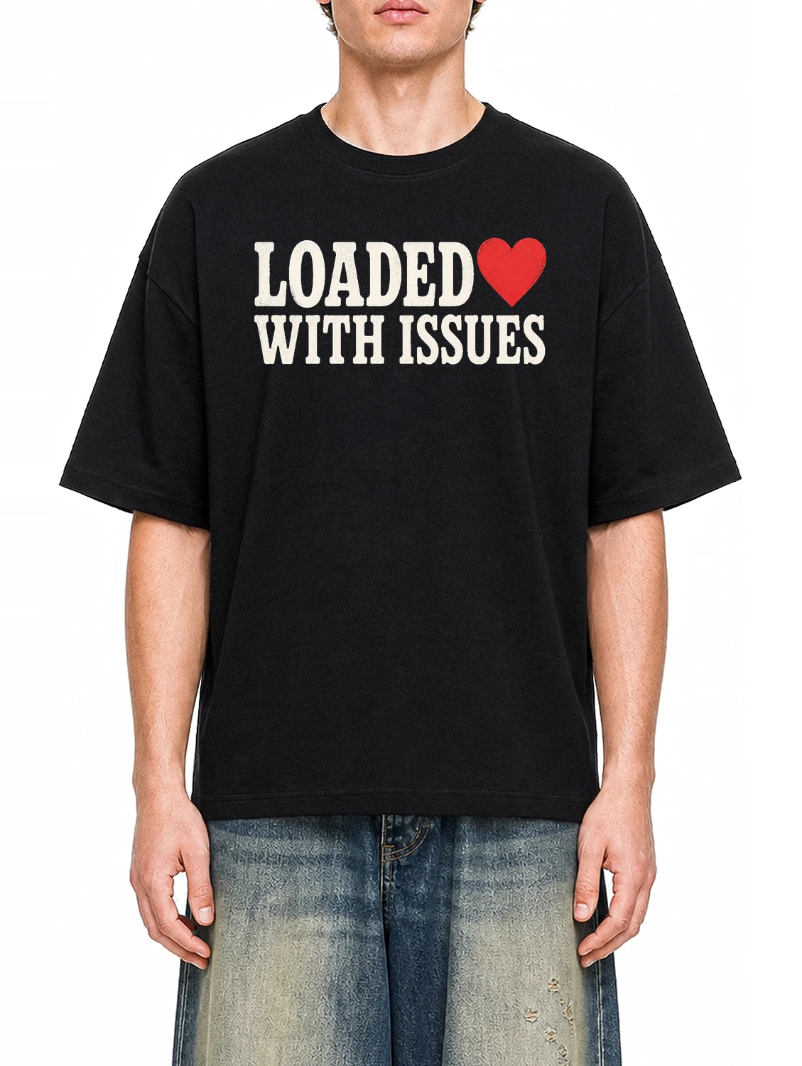 Loaded With Issues Black graphic T-shirt on model, front view