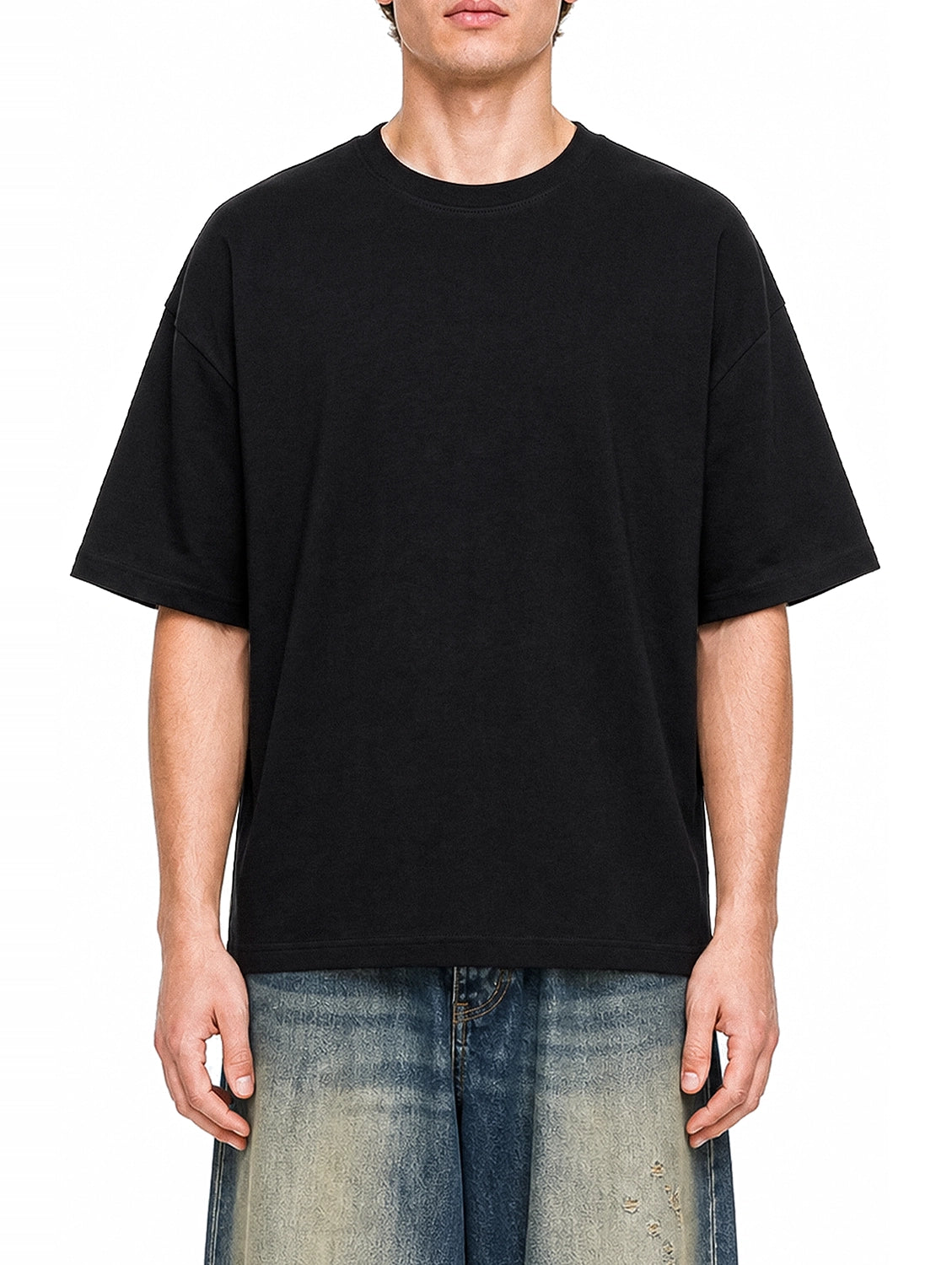 Open Late Book Market Black graphic T-shirt on model, front view