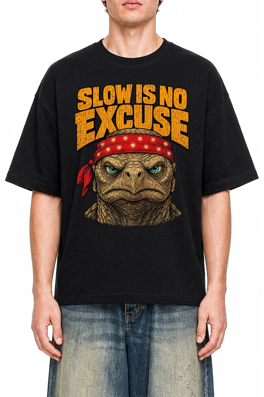 Slow Is No Excuse Black graphic T-shirt on model, front view
