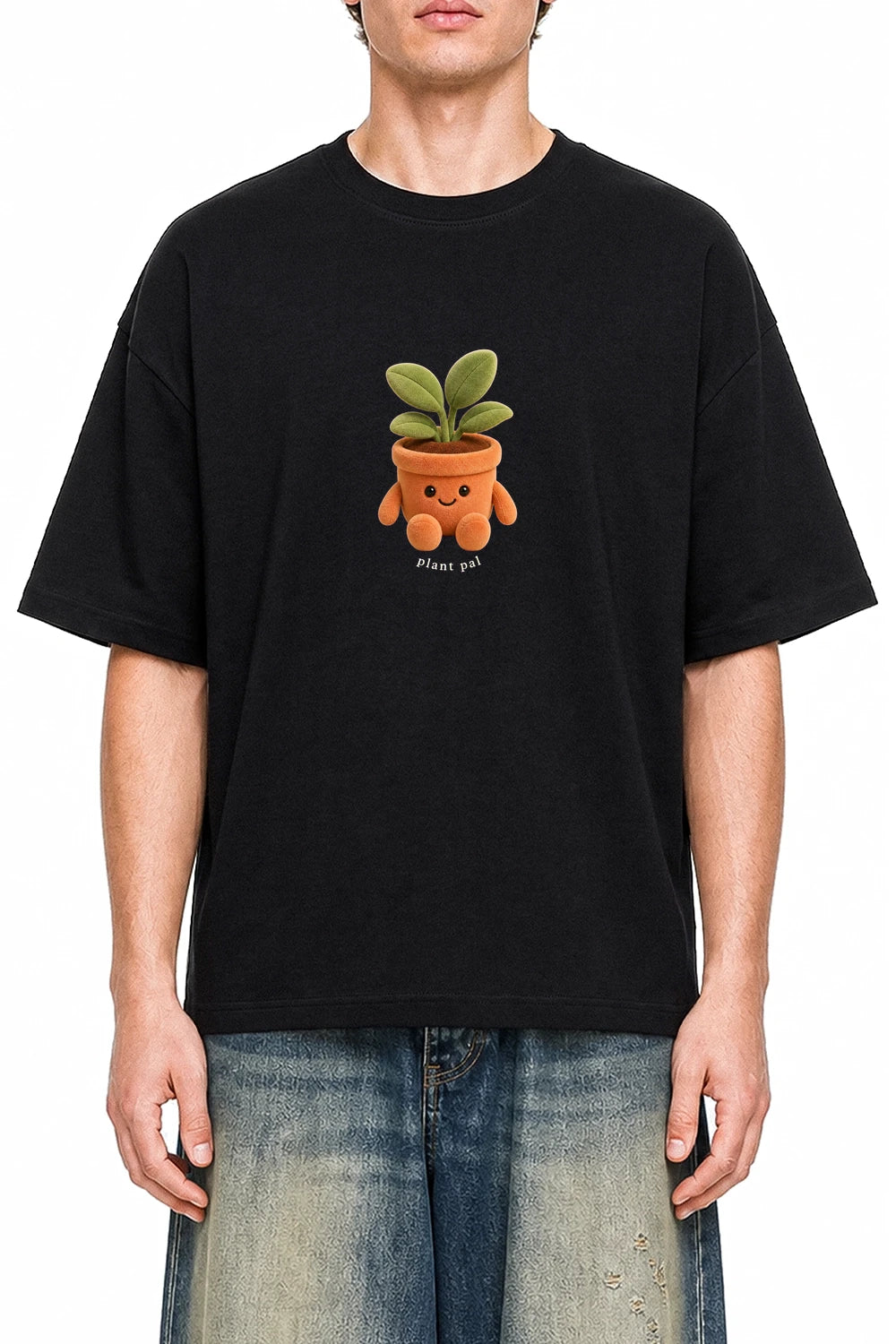 Plant Pal Black graphic T-shirt on model, front view