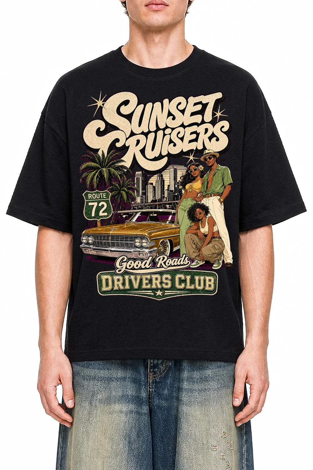 Sunset Cruisers Club Black graphic T-shirt on model, front view