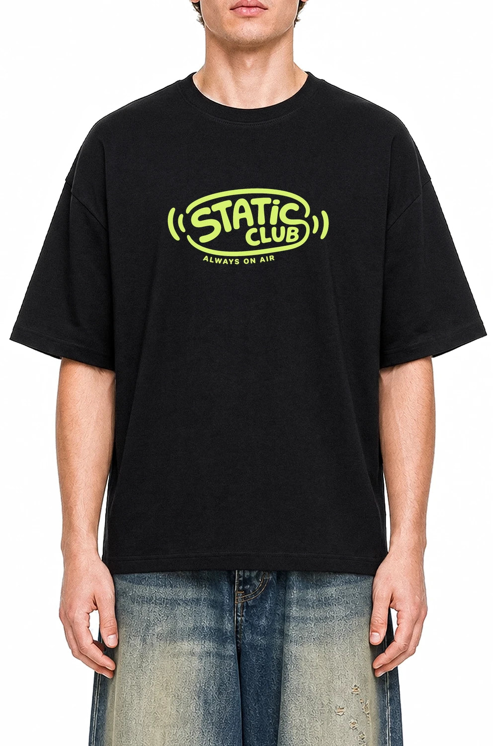 Static Club Black graphic T-shirt on model, front view