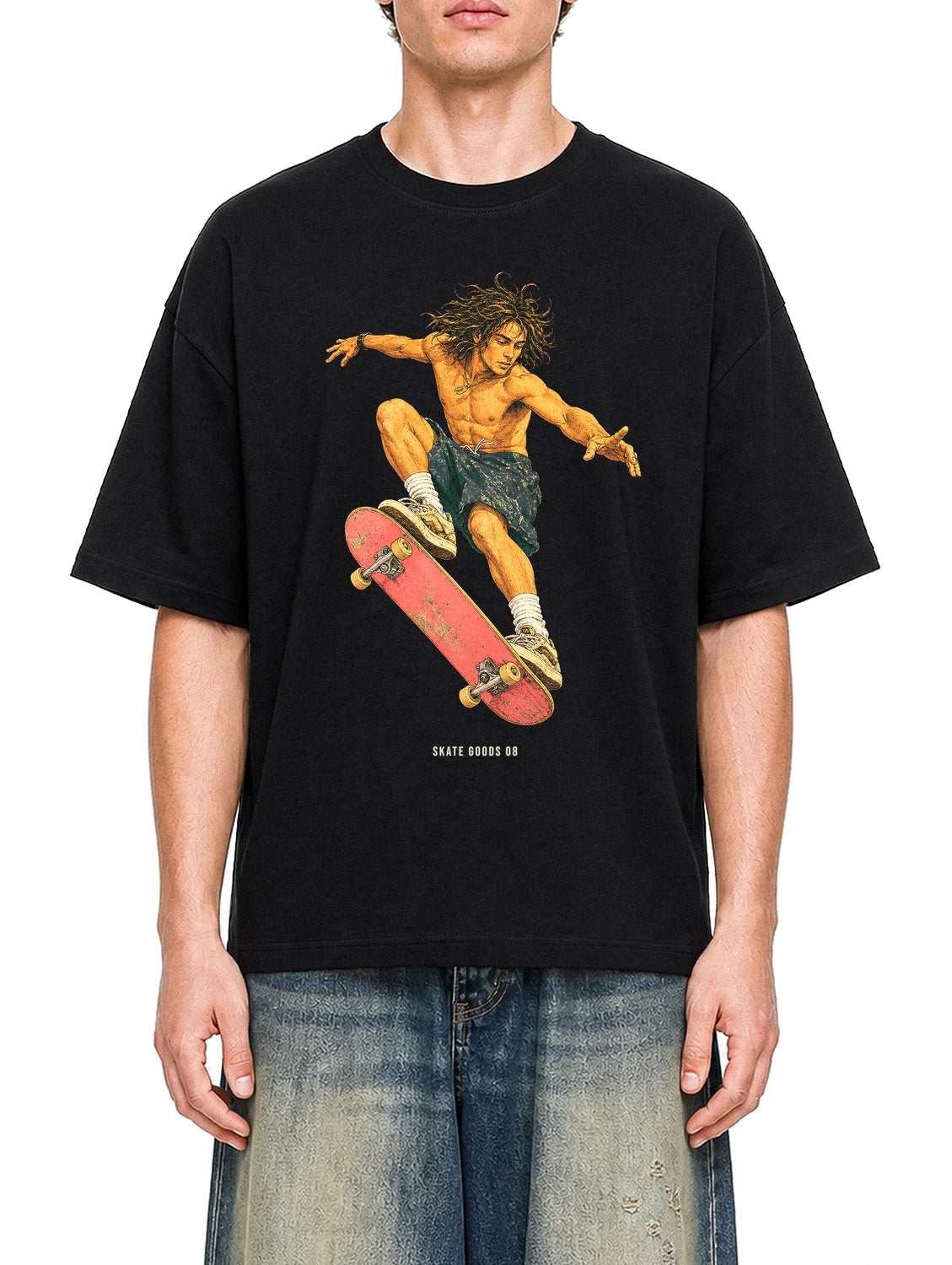 Skate Goods Black graphic T-shirt on model, front view