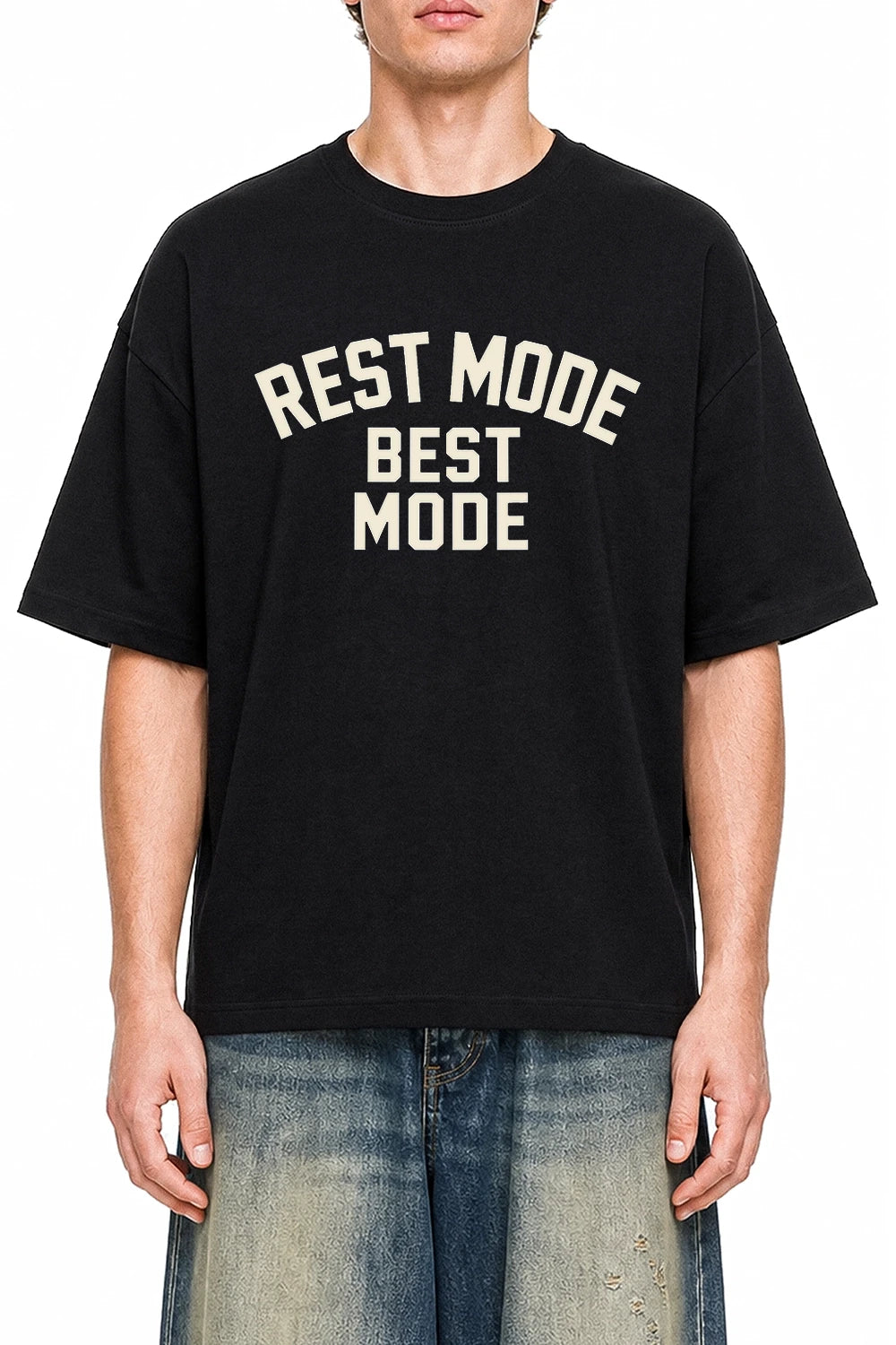 Rest Mode Best Mode Black graphic T-shirt on model, front view