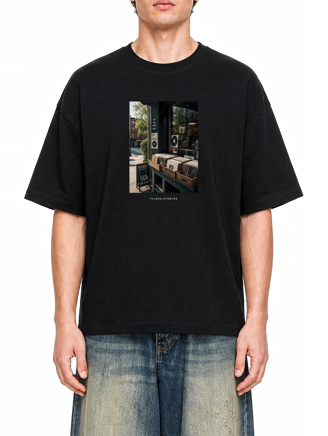Filova Studios Record Shop Black graphic T-shirt on model, front view