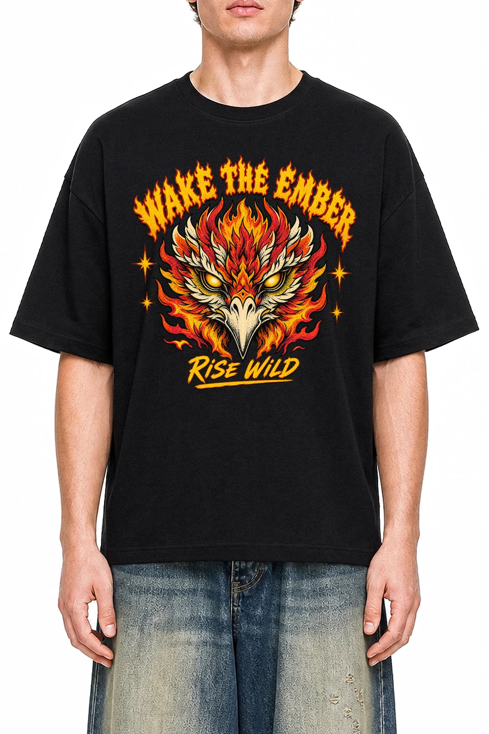 Wake The Ember Black graphic T-shirt on model, front view