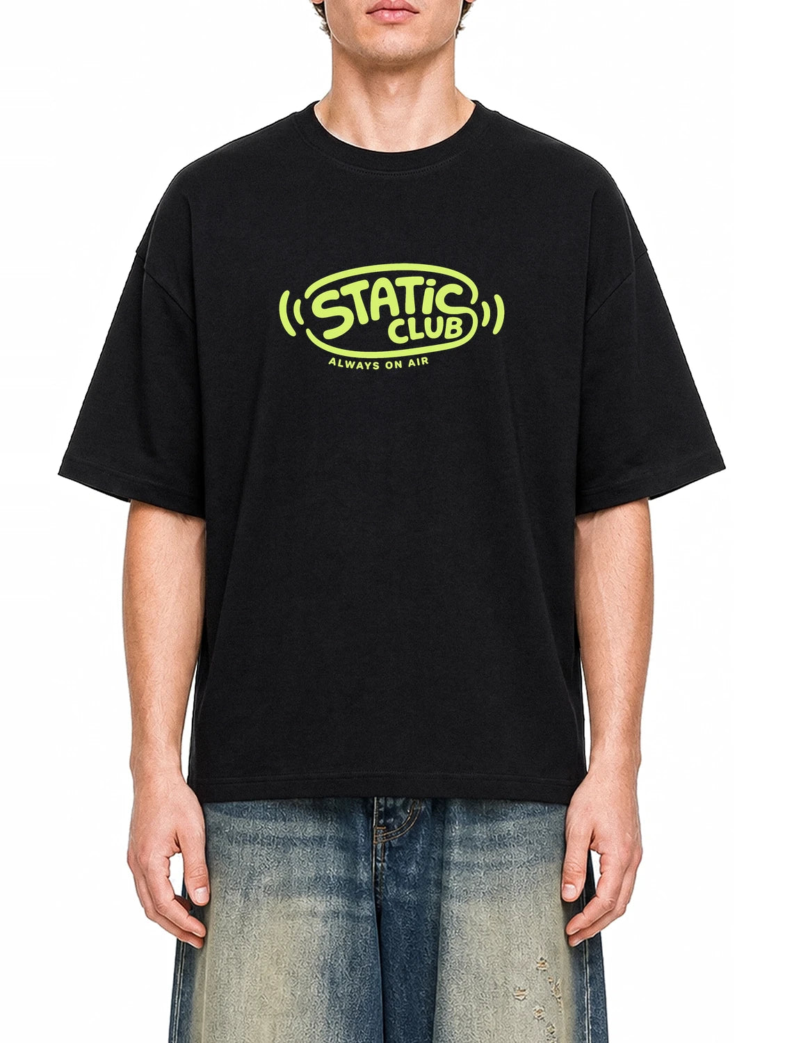 Static Club Black graphic T-shirt on model, front view