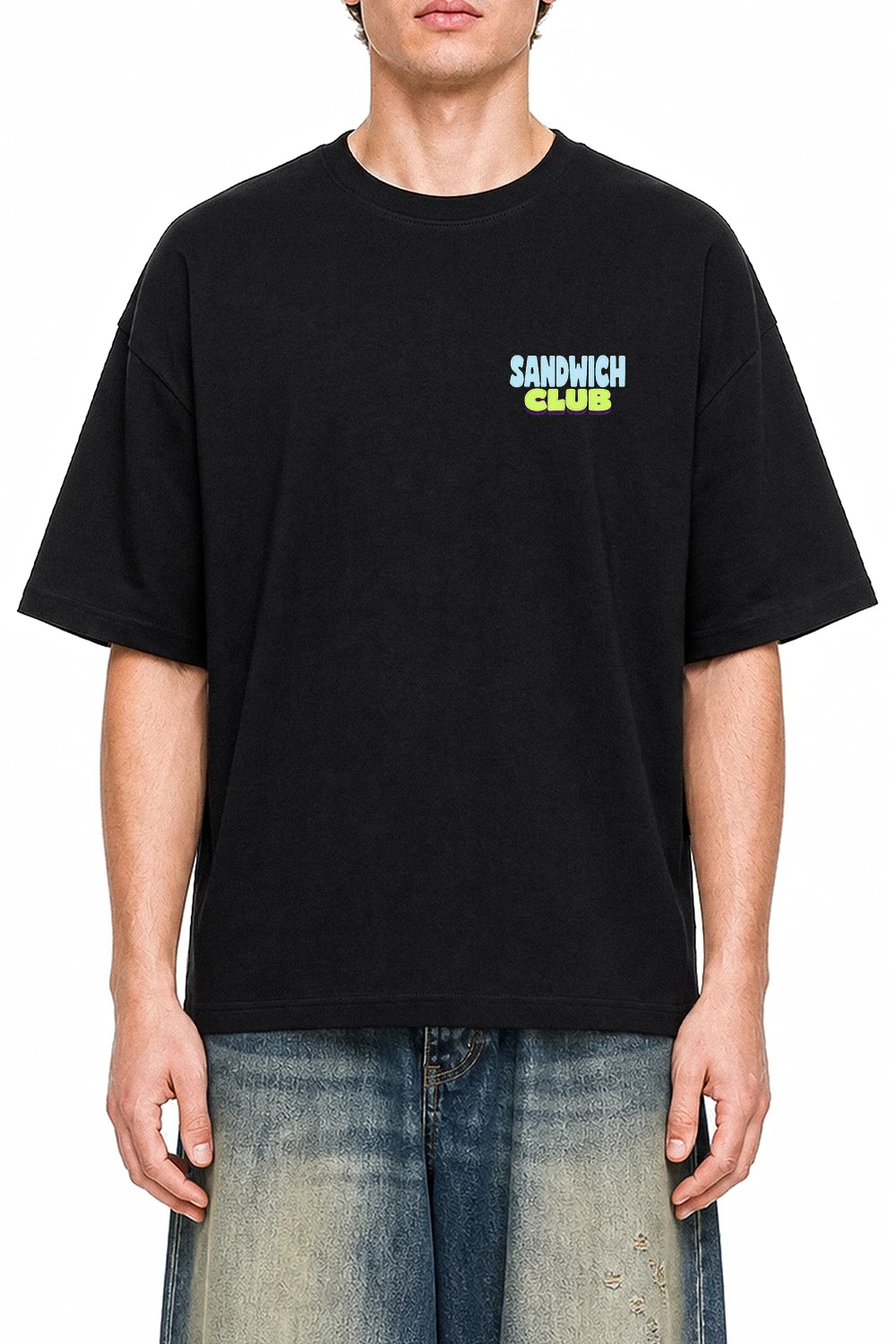 After Hours Sandwich Club Black graphic T-shirt on model, front view
