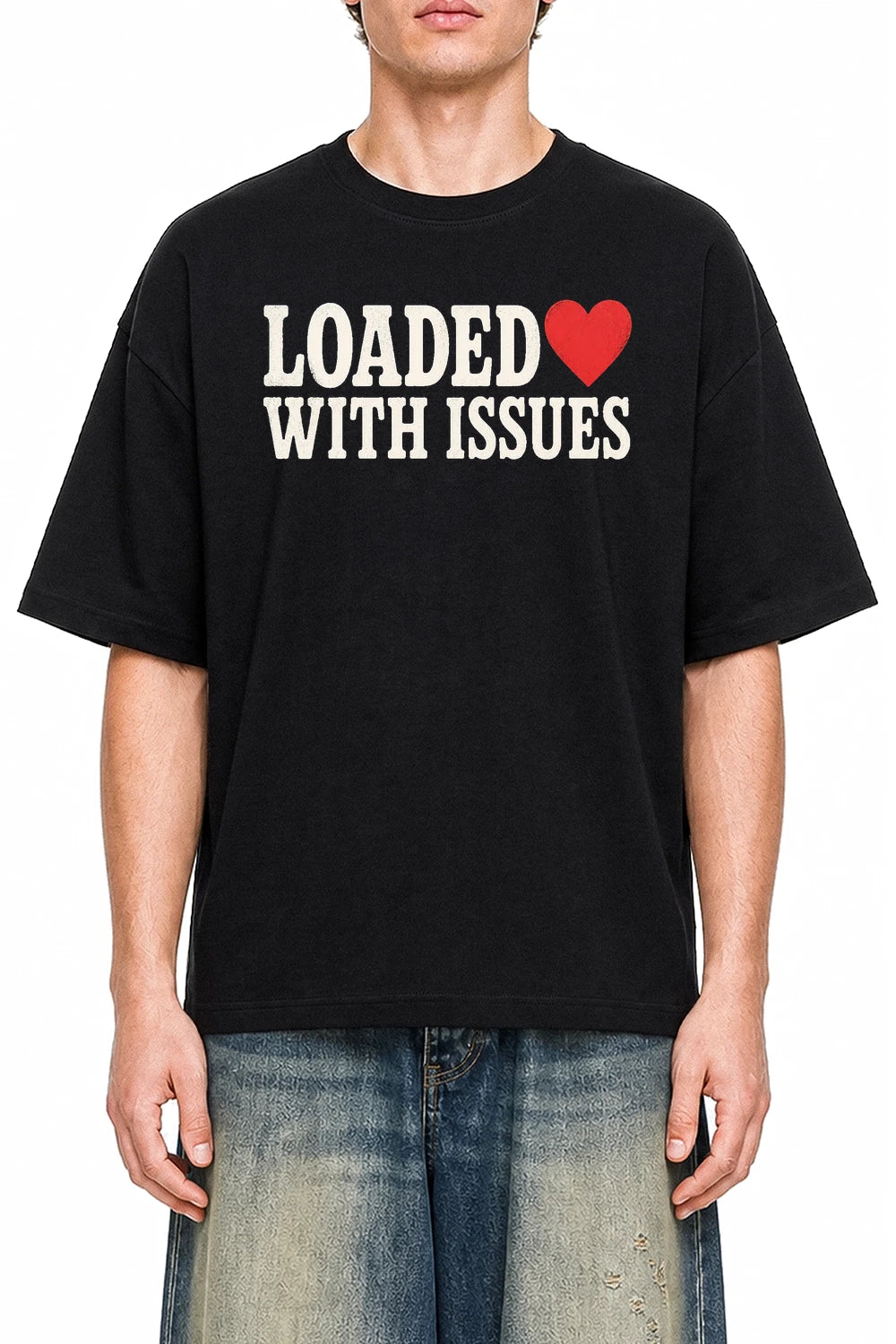 Loaded With Issues Black graphic T-shirt on model, front view