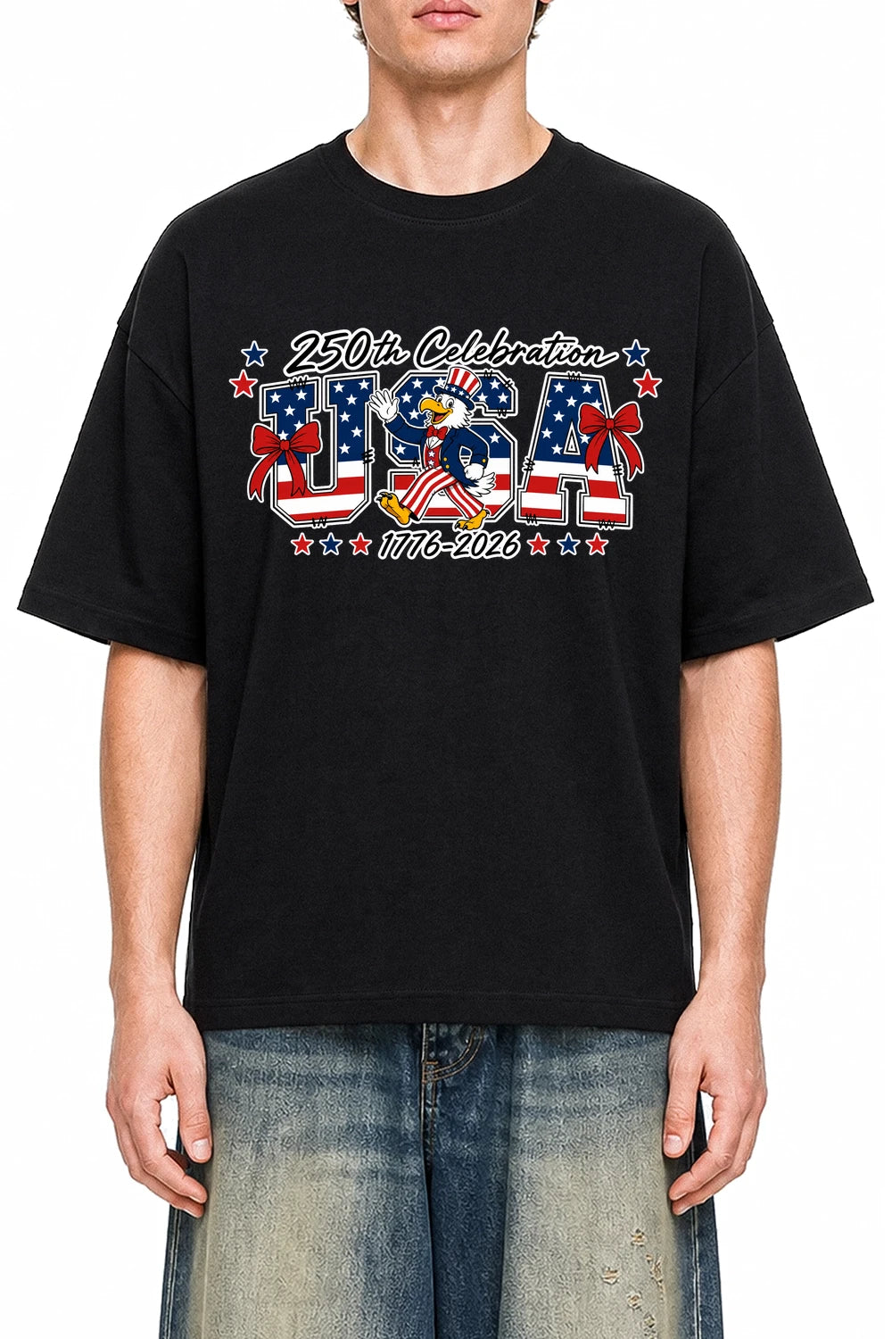 Patriot Parade USA Black graphic T-shirt on model, front view