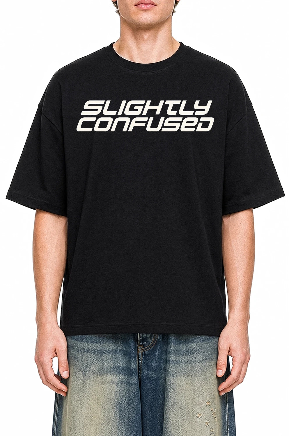 Slightly Confused Black graphic T-shirt on model, front view