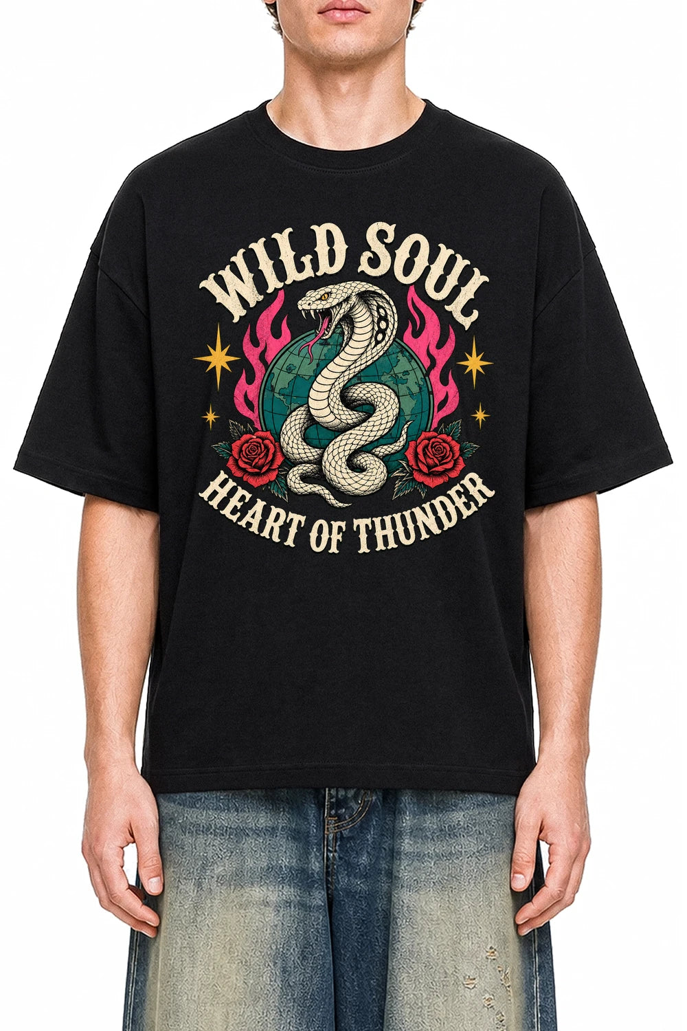 Wild Soul Thunder Black graphic T-shirt on model, front view