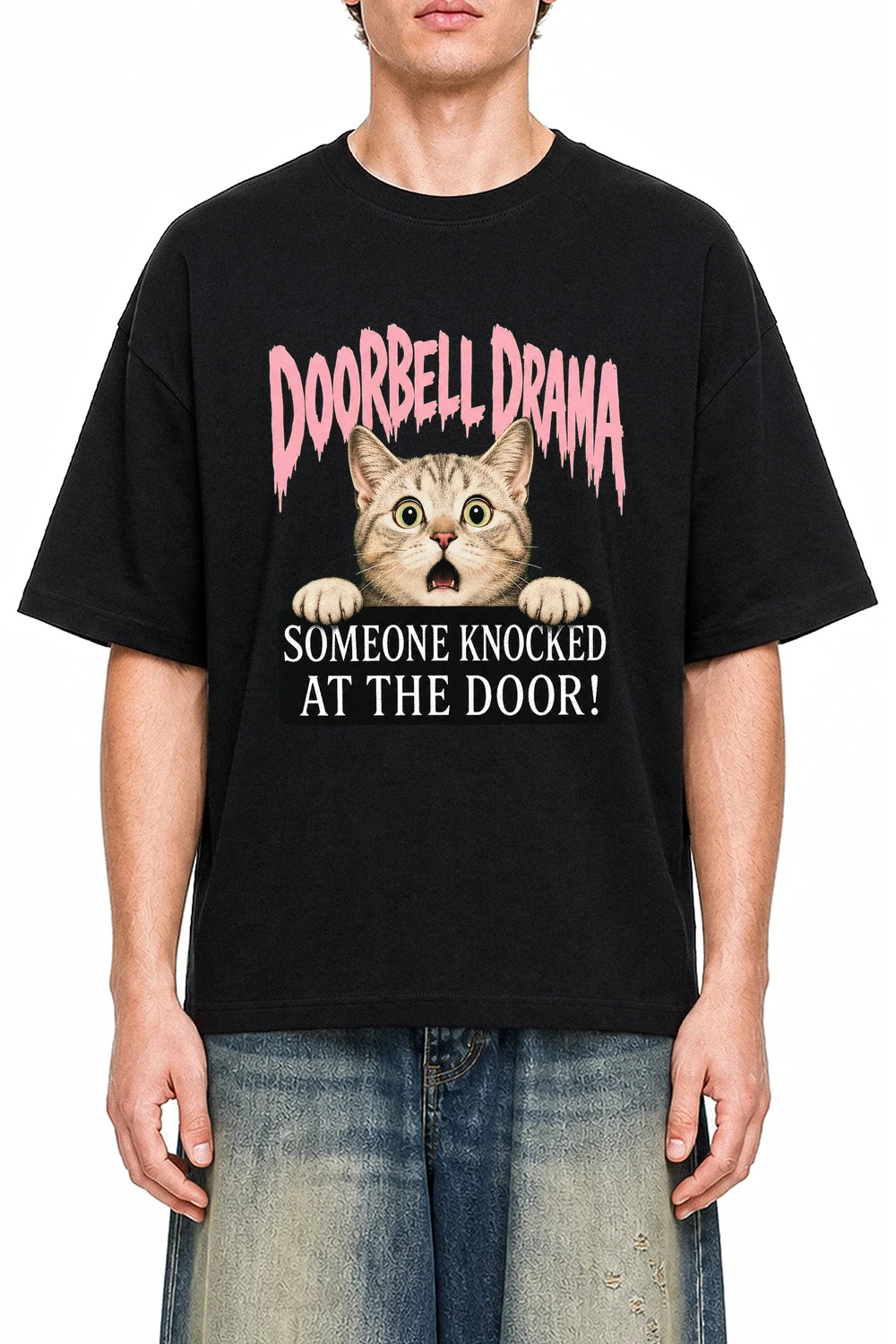 Doorbell Drama Black graphic T-shirt on model, front view