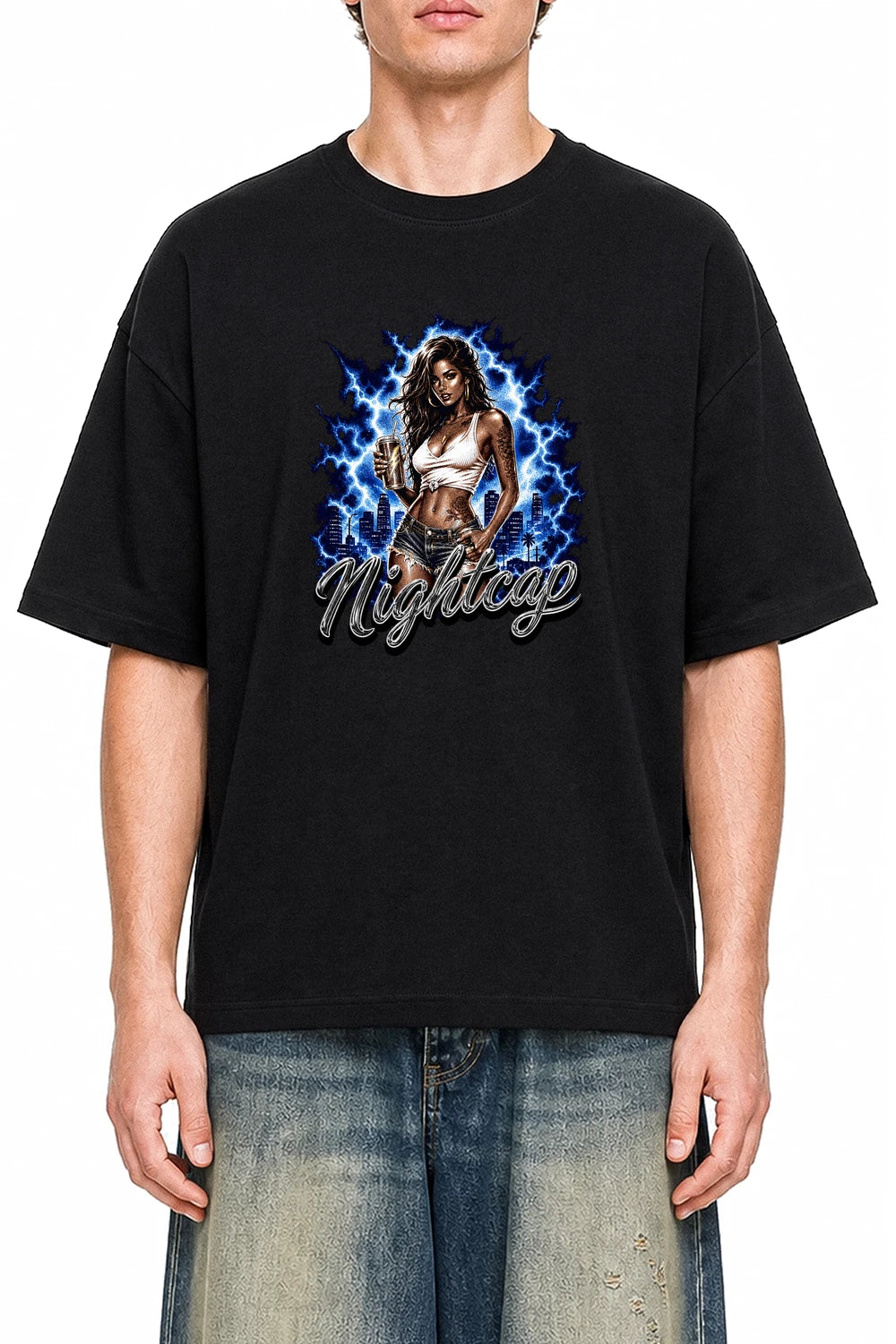 Nightcap Signal Black graphic T-shirt on model, front view