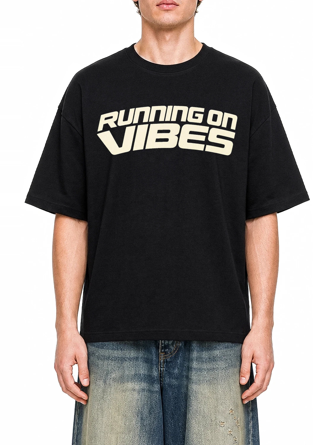 Running On Vibes Black graphic T-shirt on model, front view