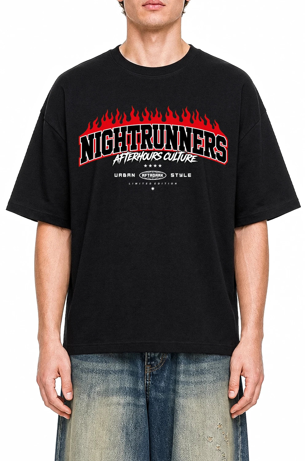 Nightrunners Black graphic T-shirt on model, front view