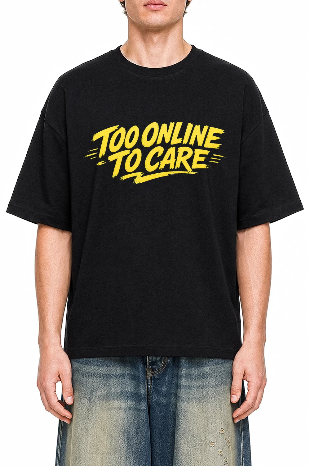 Too Online To Care Black graphic T-shirt on model, front view