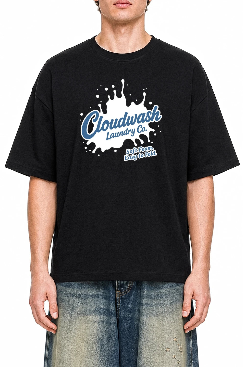Cloudwash Laundry Co Black graphic T-shirt on model, front view