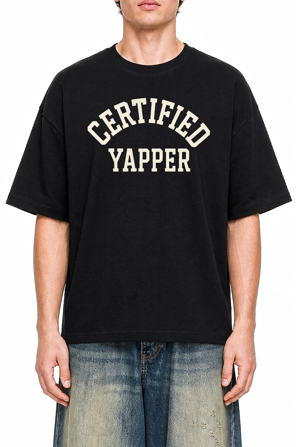Certified Yapper Black graphic T-shirt on model, front view