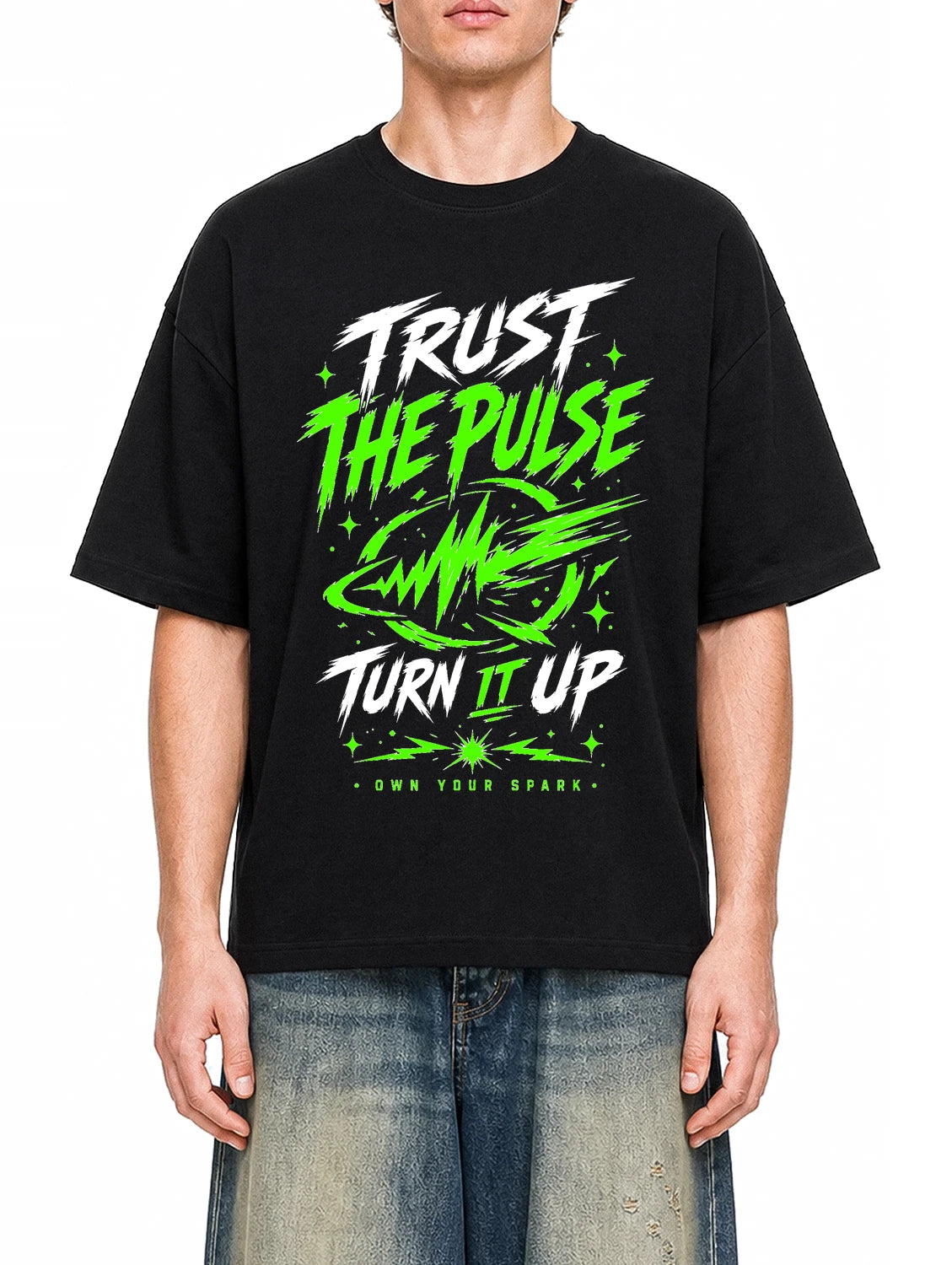 Trust The Pulse Black graphic T-shirt on model, front view