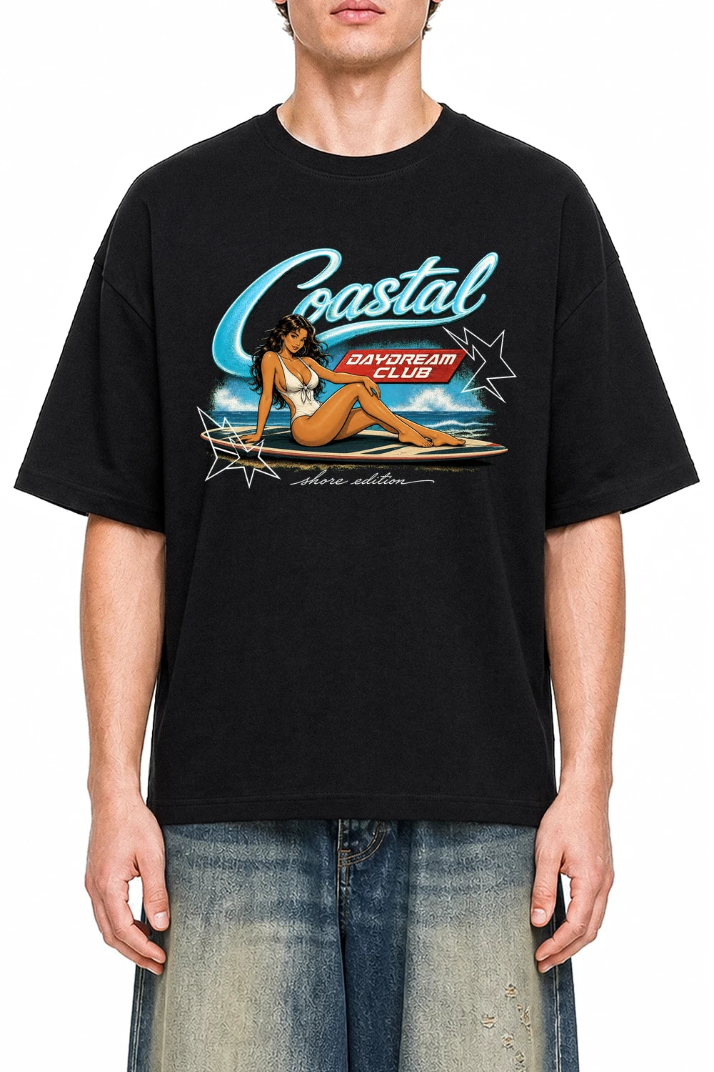 Coastal Daydream Black graphic T-shirt on model, front view