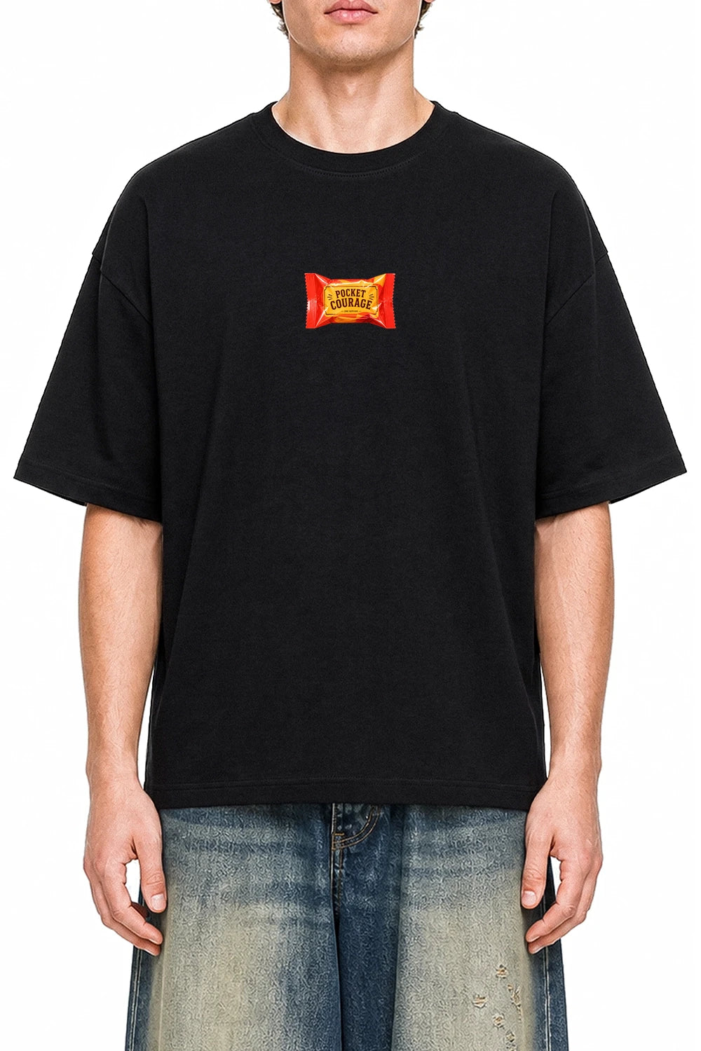 Pocket Courage Black graphic T-shirt on model, front view