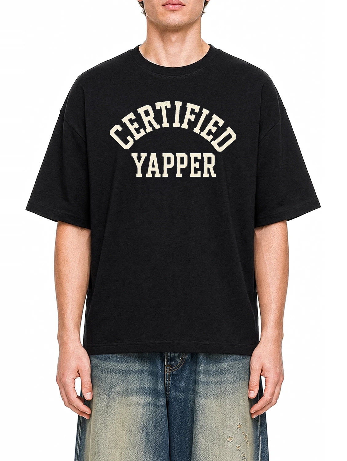 Certified Yapper Black graphic T-shirt on model, front view