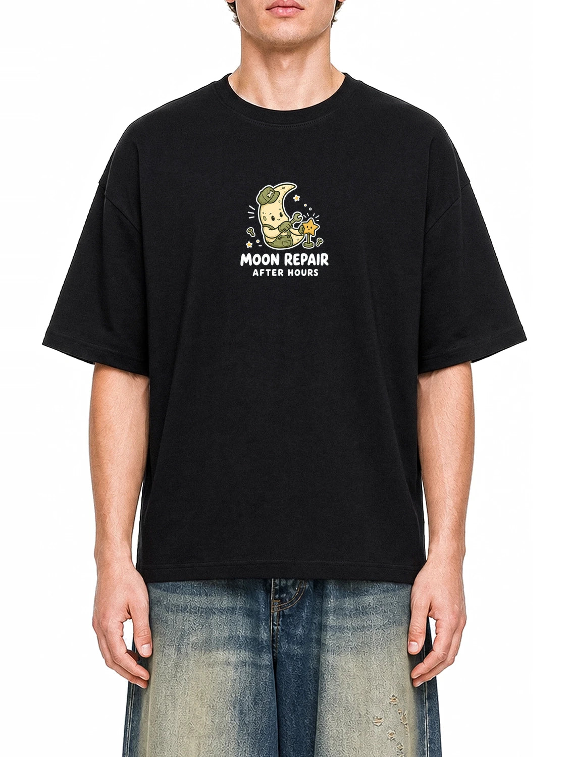 Moon Repair Black graphic T-shirt on model, front view