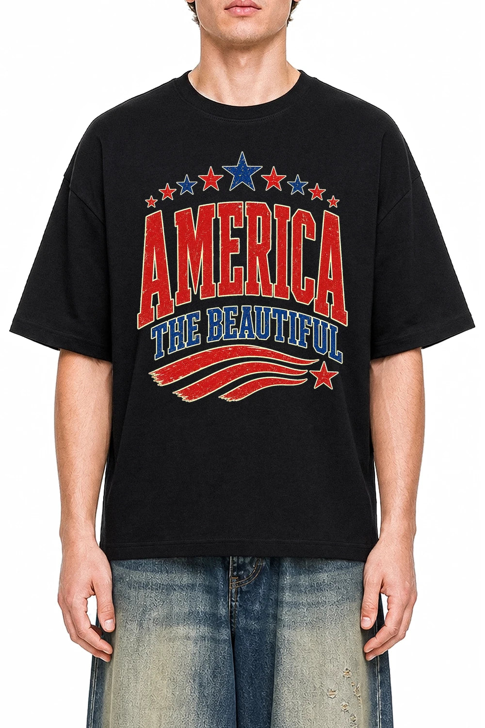 America The Beautiful Black graphic T-shirt on model, front view