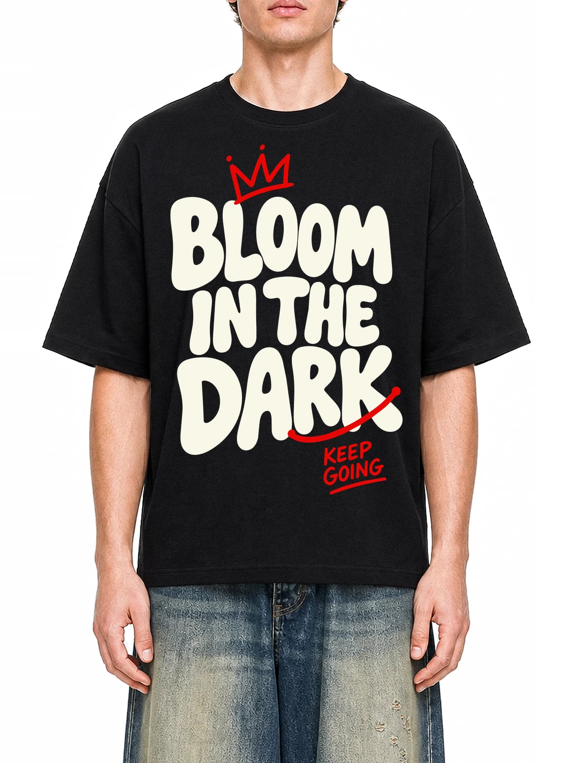 Bloom In The Dark Black graphic T-shirt on model, front view