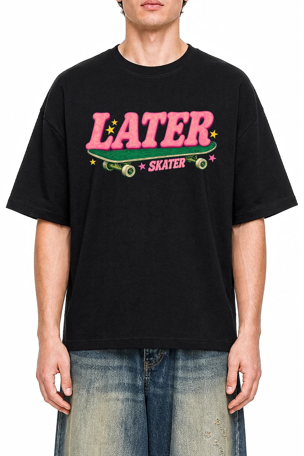 Later Skater Black graphic T-shirt on model, front view