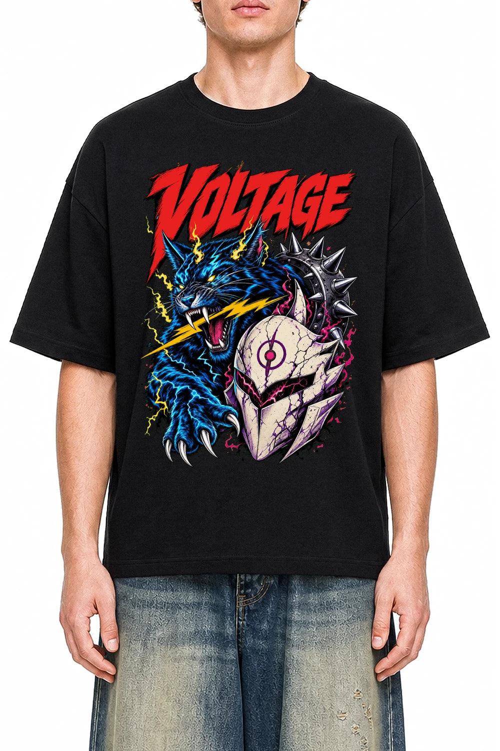 Voltage Unleashed Black graphic T-shirt on model, front view
