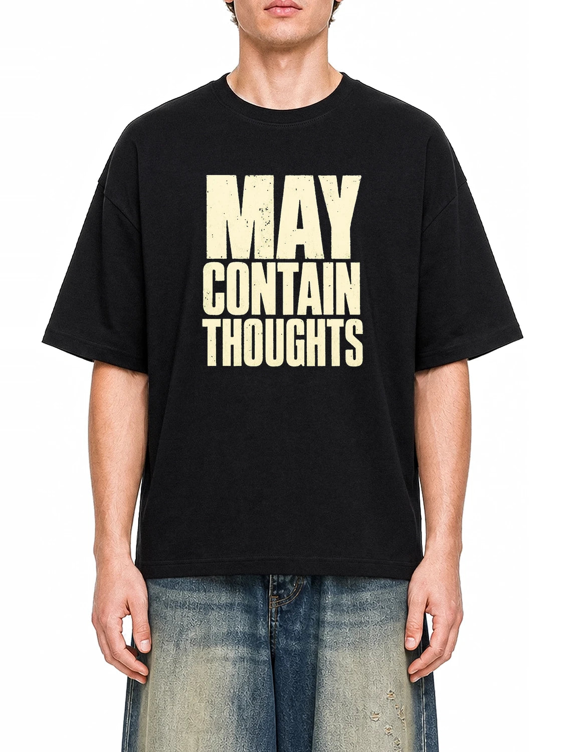 May Contain Thoughts Black graphic T-shirt on model, front view