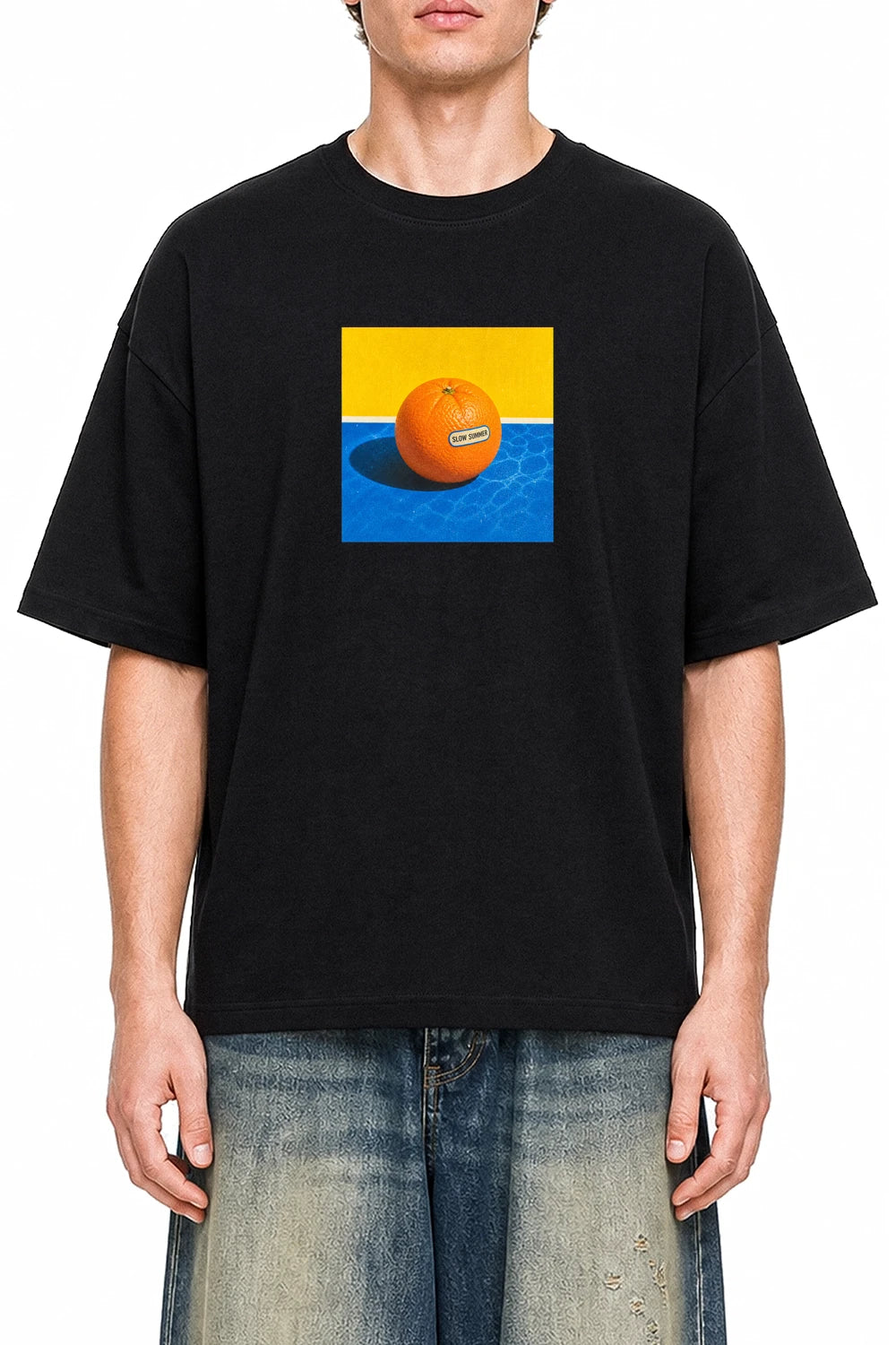 Poolside Orange Black graphic T-shirt on model, front view