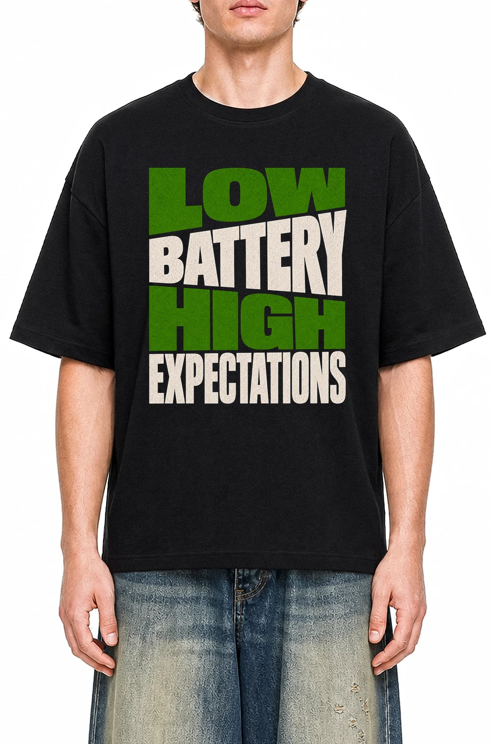 Low Battery High Expectations Black graphic T-shirt on model, front view