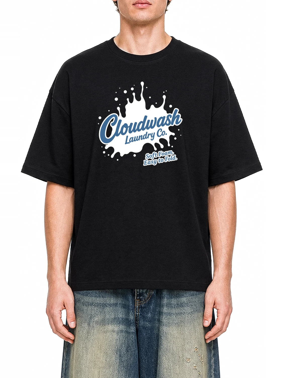 Cloudwash Laundry Co Black graphic T-shirt on model, front view