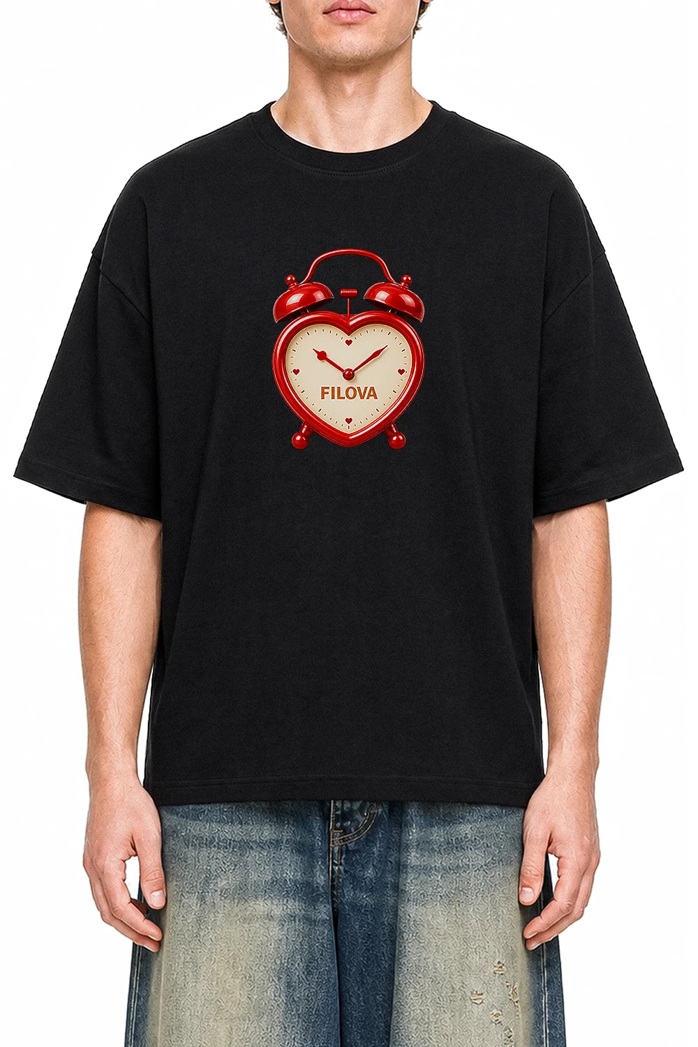 Heart Dial Clock Black graphic T-shirt on model, front view