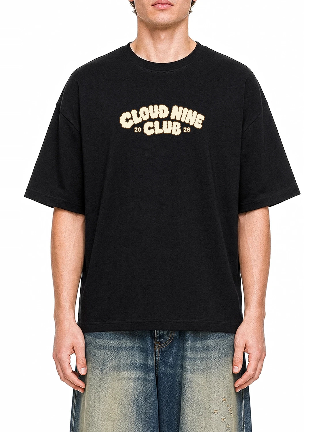 Cloud Nine Club Black graphic T-shirt on model, front view