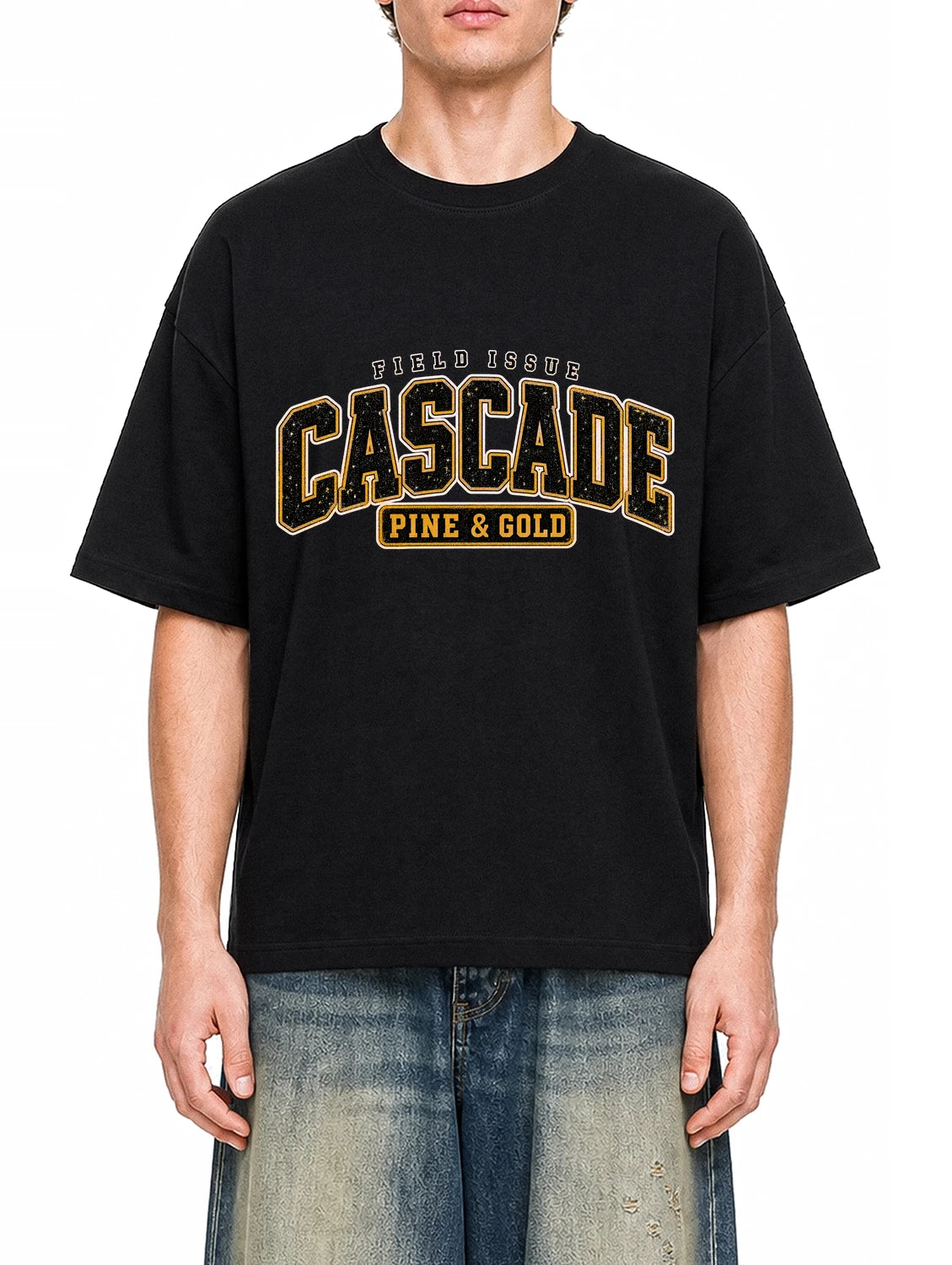 Cascade Pine Gold Black graphic T-shirt on model, front view