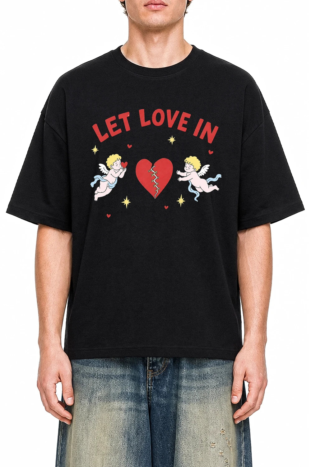 Let Love In Black graphic T-shirt on model, front view
