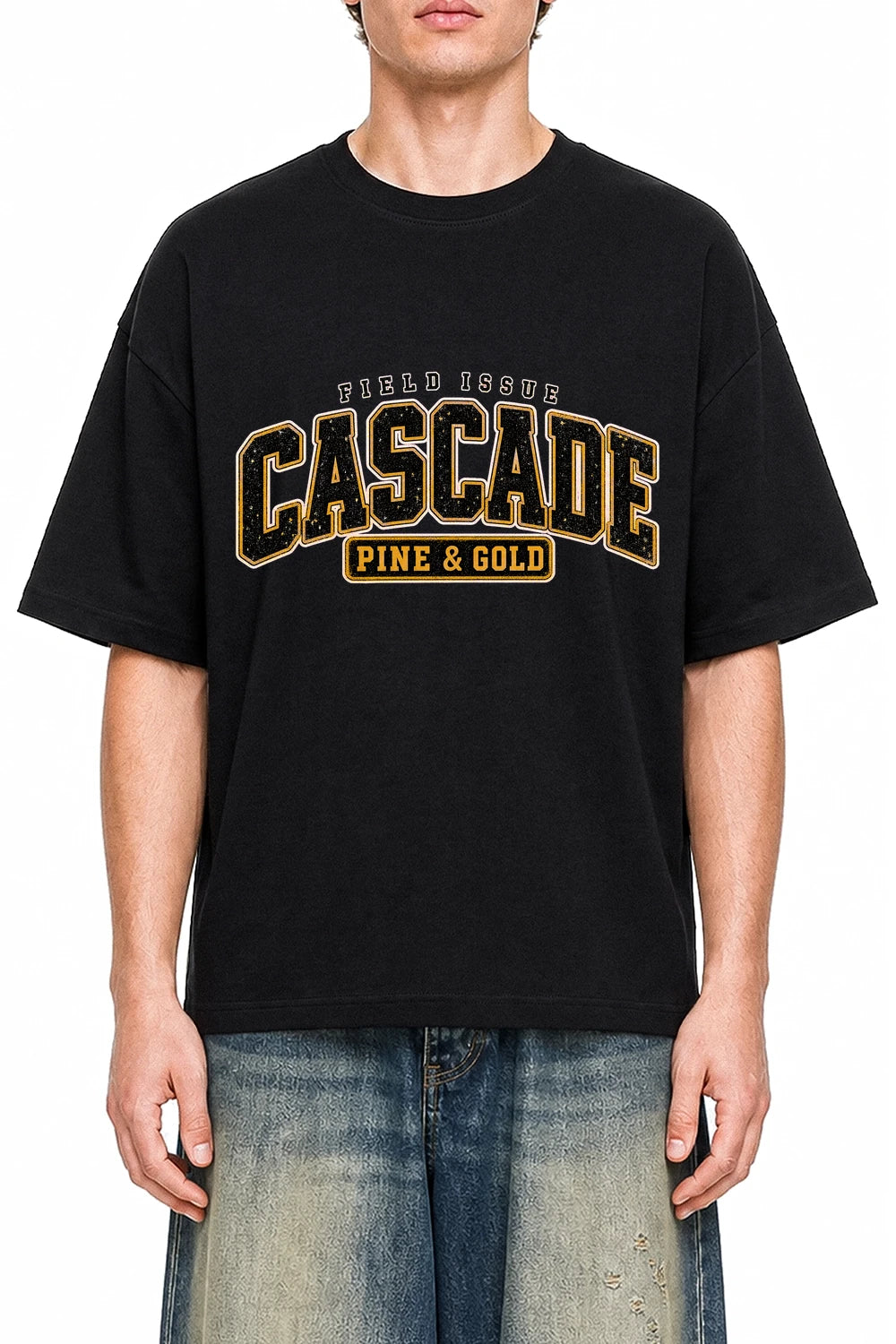 Cascade Pine Gold Black graphic T-shirt on model, front view