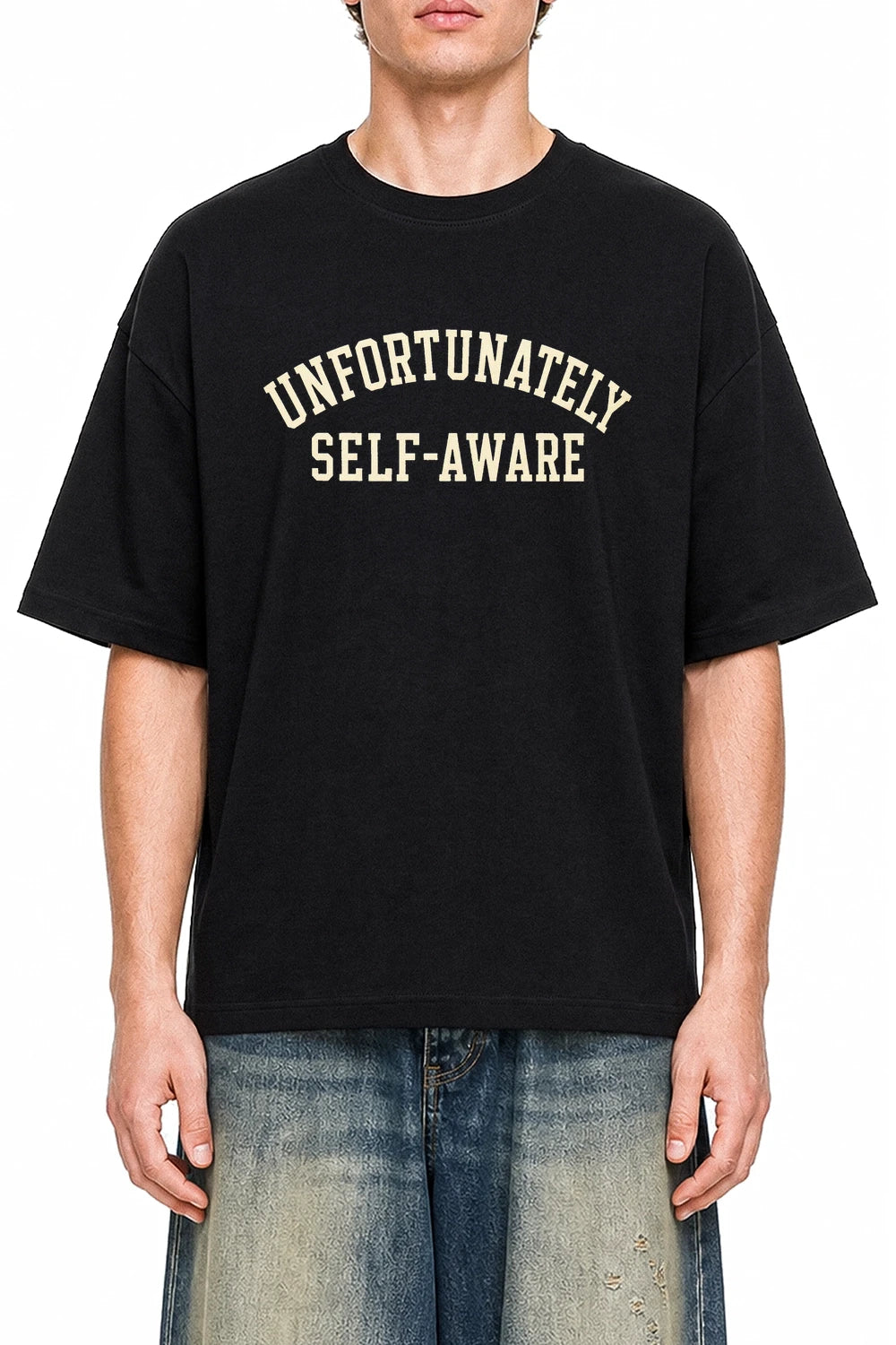 Unfortunately Self Aware Black graphic T-shirt on model, front view