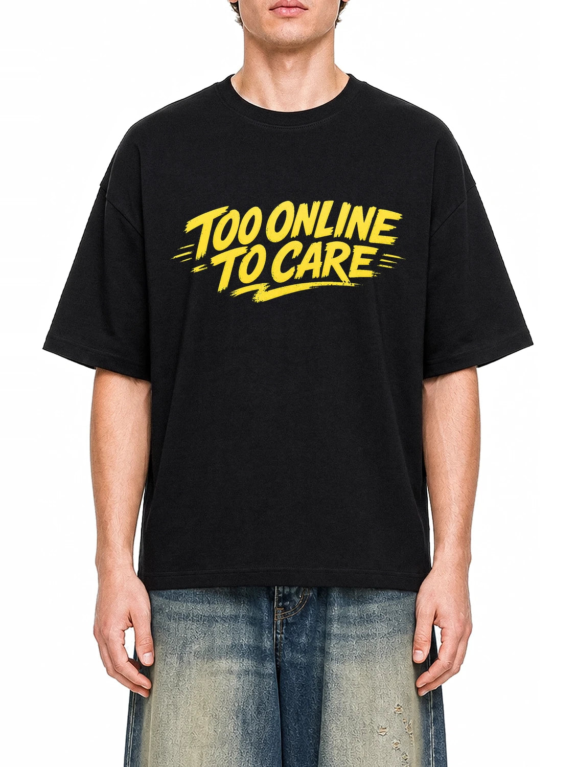 Too Online To Care Black graphic T-shirt on model, front view